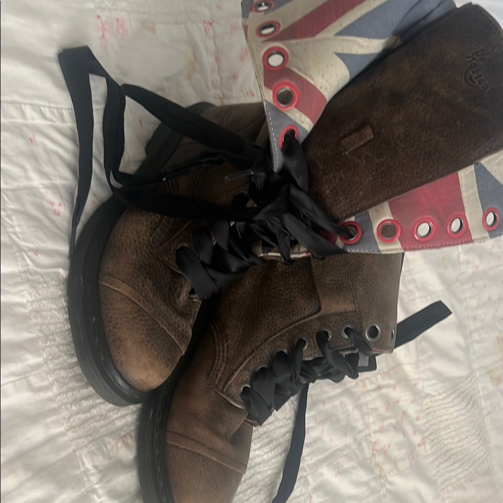 Dr. Martens Distressed Brown Leather Boots with Union Jack Accent